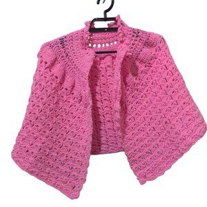 vintage pink crochet fiber art wall hanging photography prop